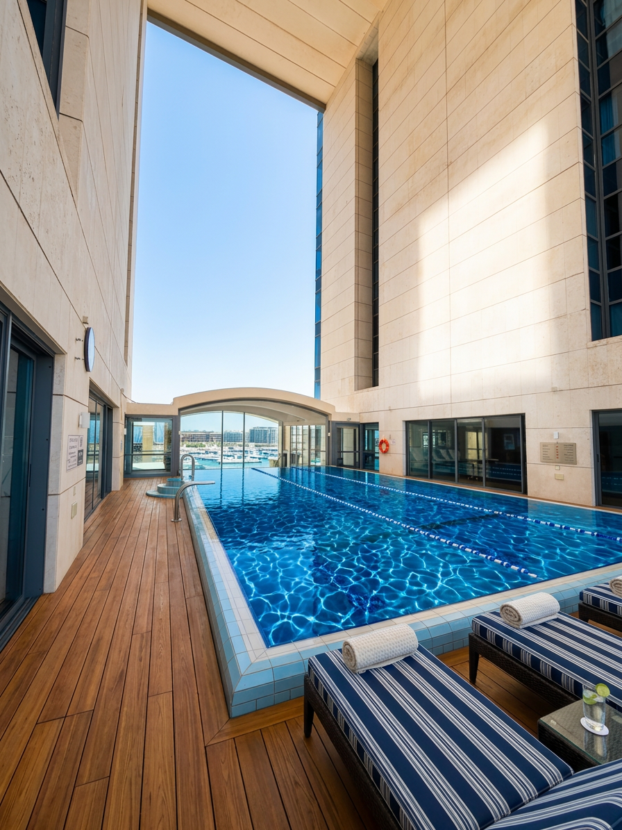 Residents' outdoor lap pool with wooden decking and striped loungers